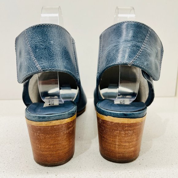 Steve Madden Shalow Blue Leather Peep Toe Sandals Shoes Snap Button Open Heel 10 - Picture 4 of 15